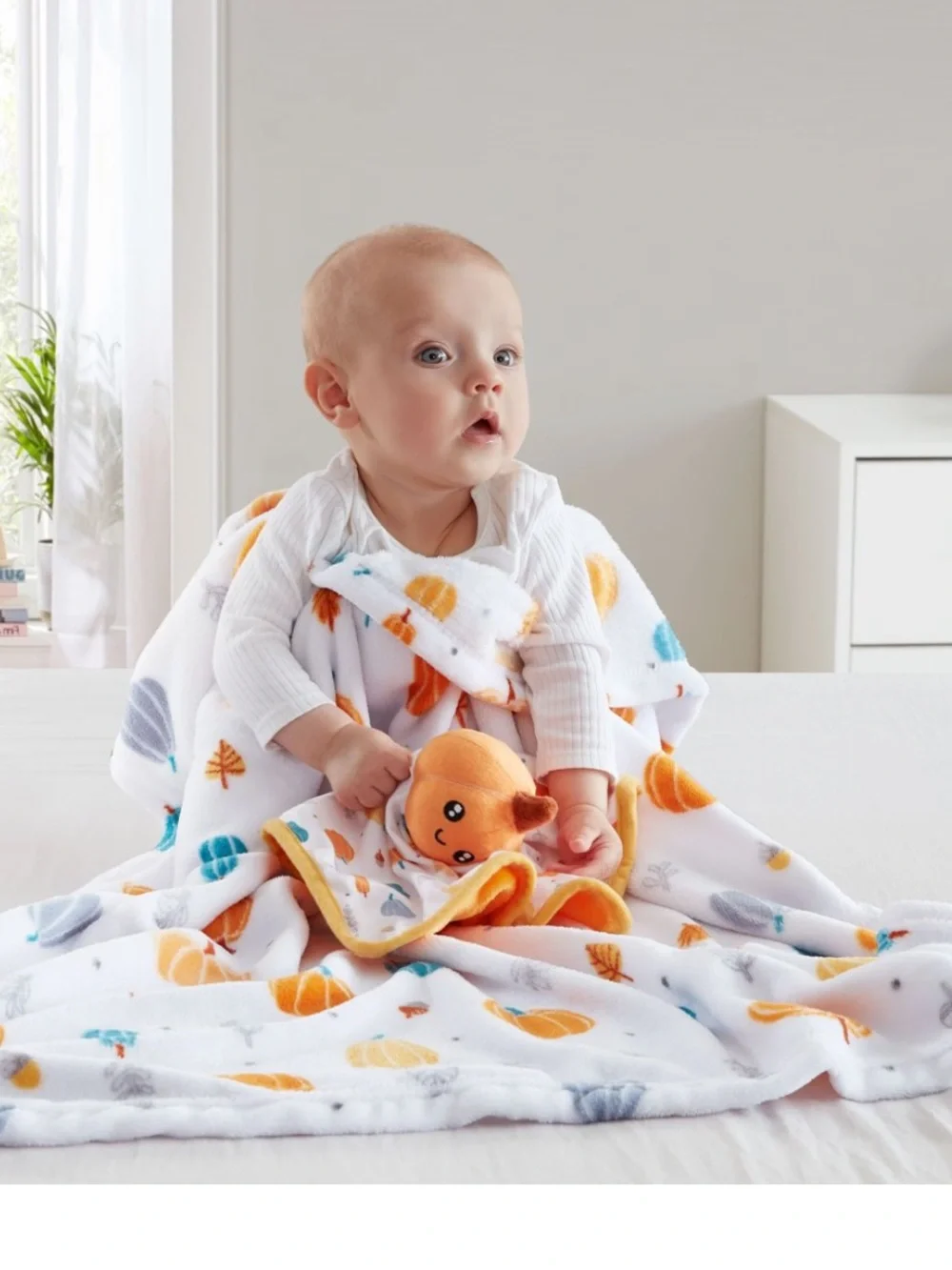 Parent's Choice Pumpkin Plush Baby Blanket - White & Orange 30” X 36”